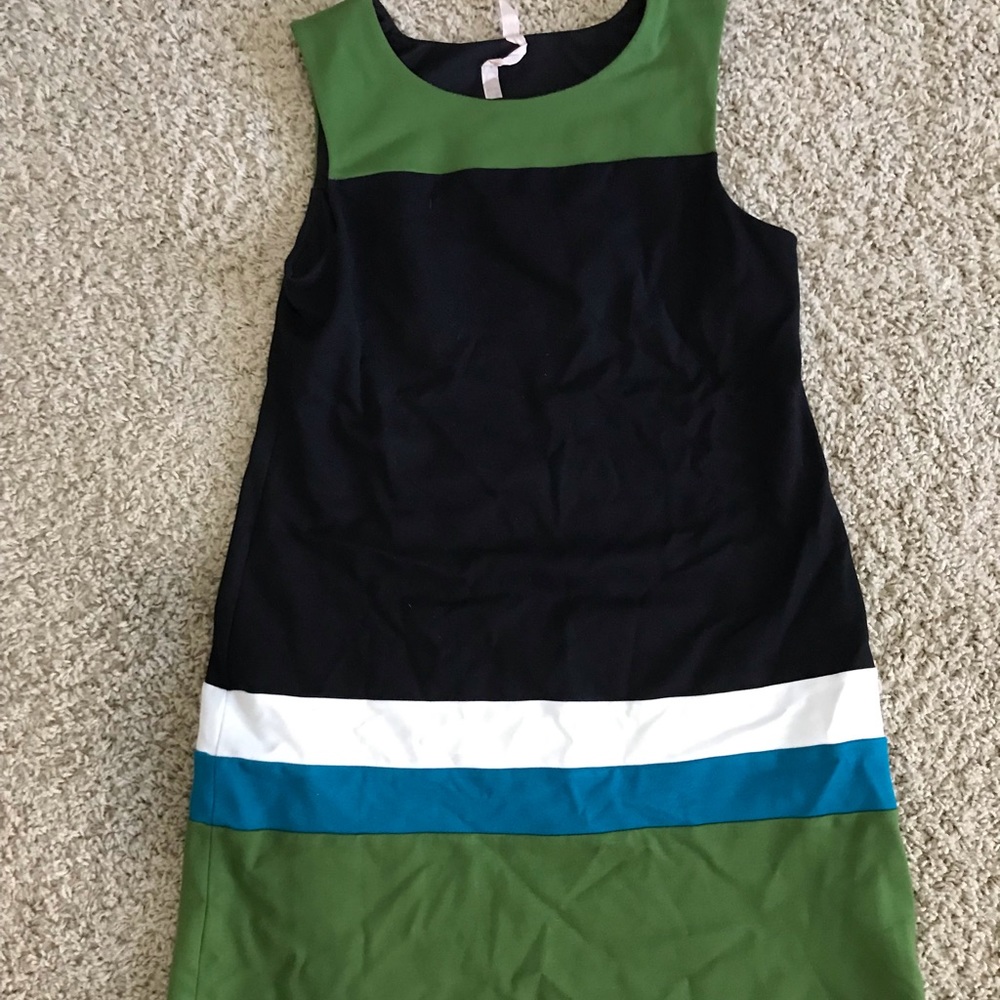 B44 Black & green dress with white & blue stripes
